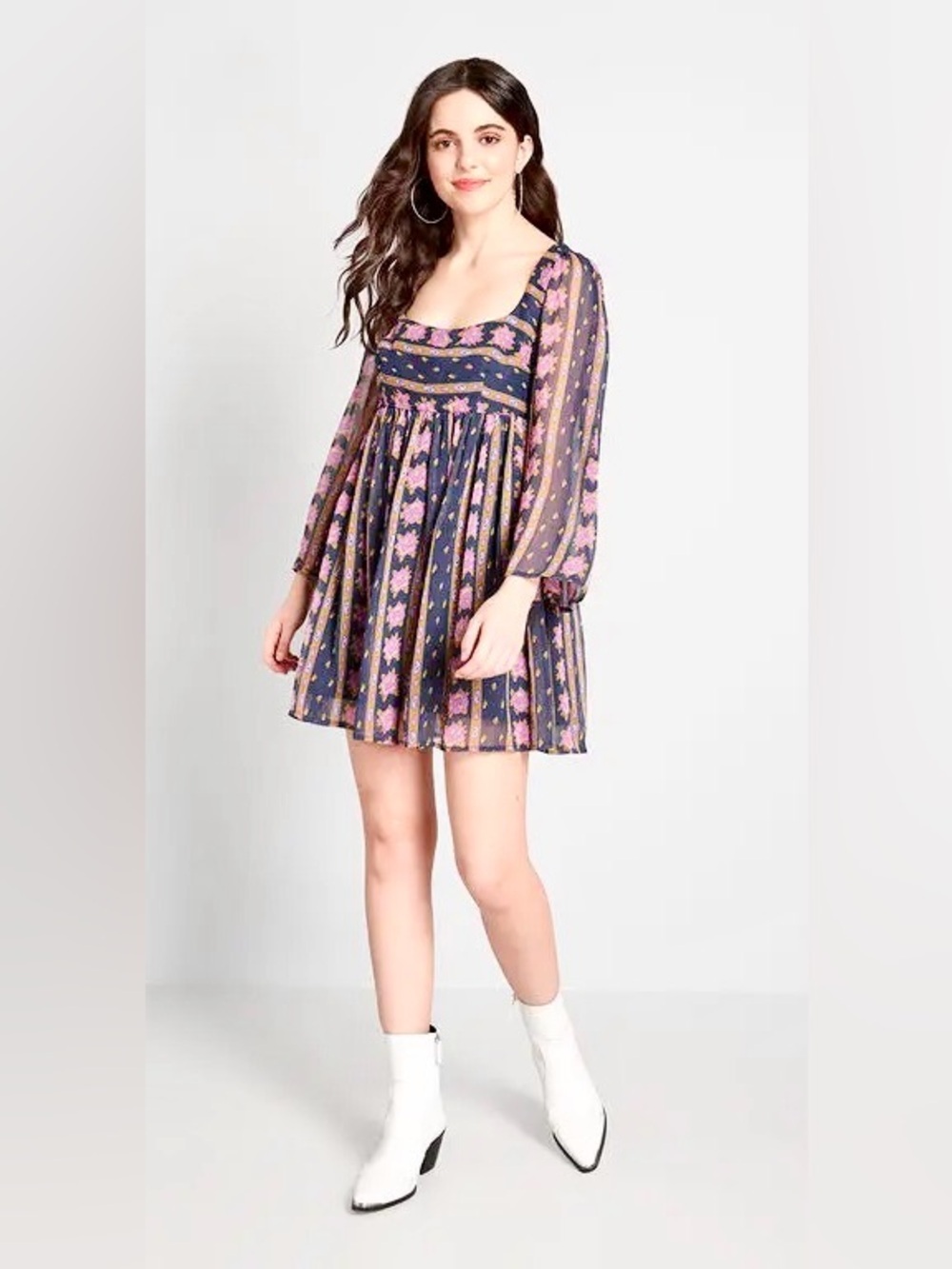 ModCloth Sweet Sixties" Babydoll Mini Dress, Square-Neck, Navy & Pink Floral, 6